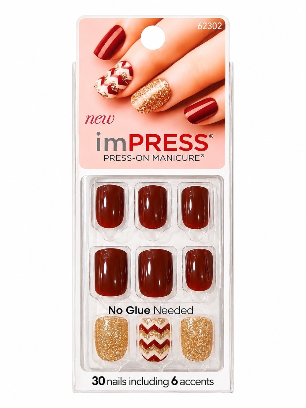 imPRESS Press-On Nails Burgundy Gold Glitter Chevron No Glue Manicure NIP